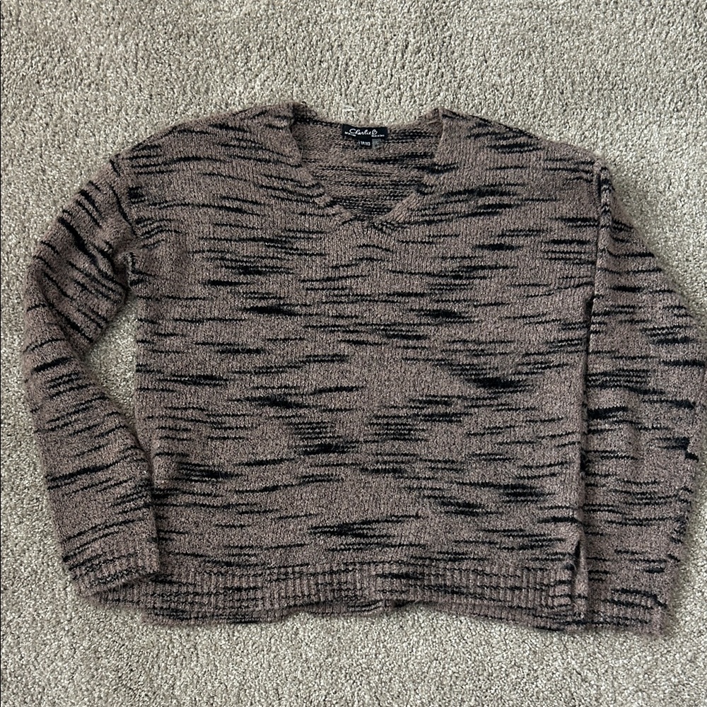 Charlie B Cozy Taupe & Black Marled V-Neck Sweater